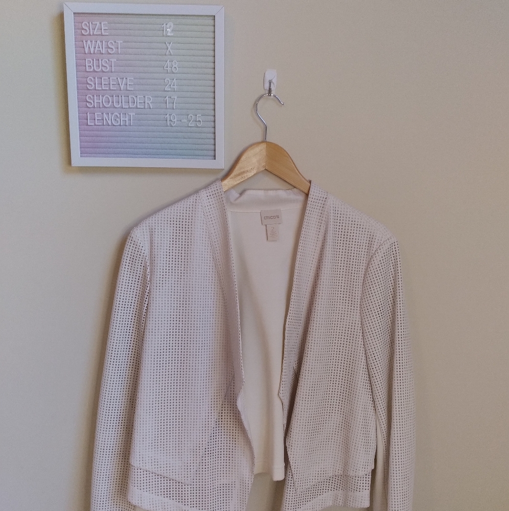 Chico's White Laser Cut Moto Jacket Blazer Size 12 Asymmetrical Geometric design - Picture 2 of 16